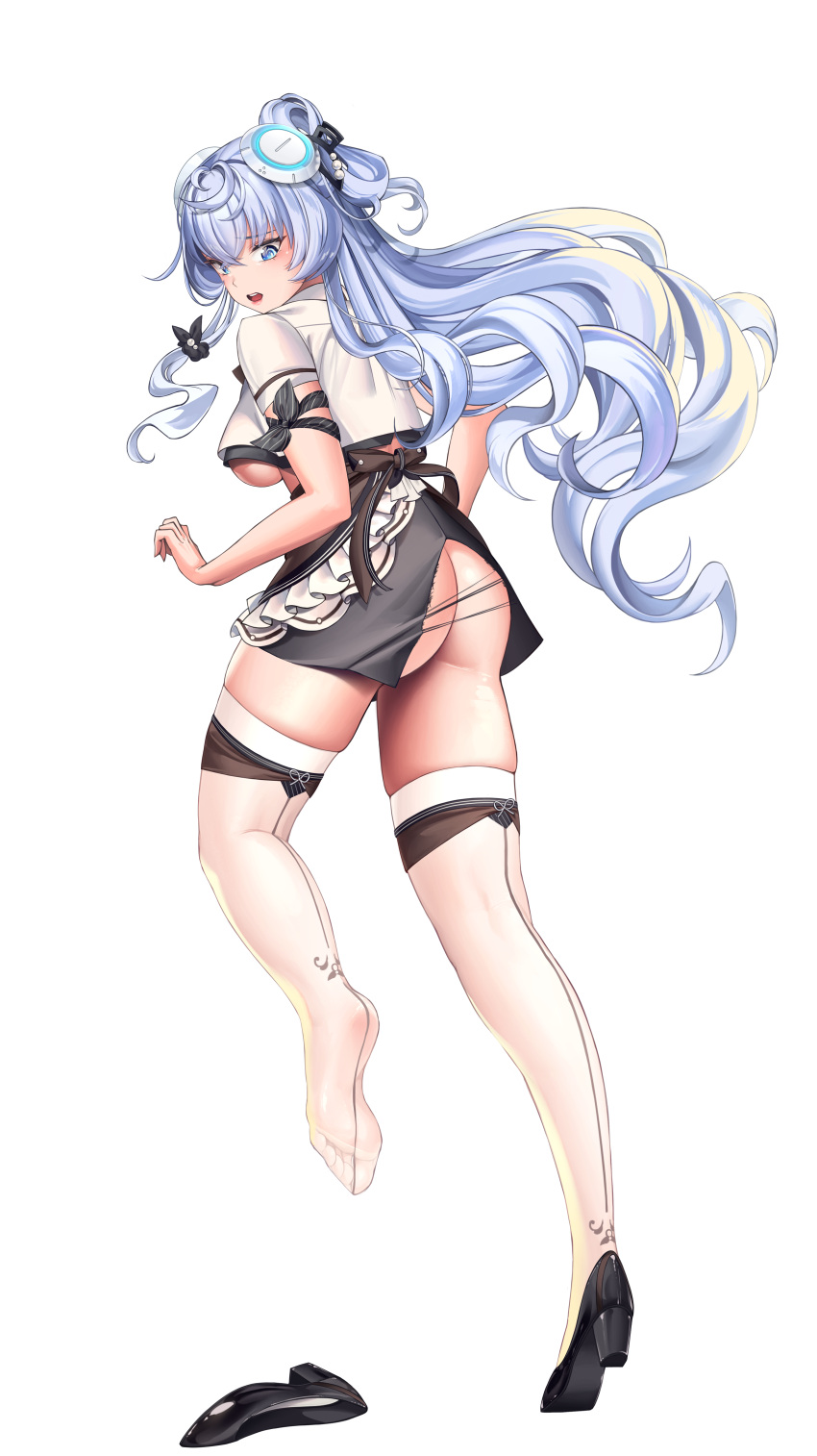 1girl, absurdres, apron, arm_ribbon, ass, back, bangs, black_footwear