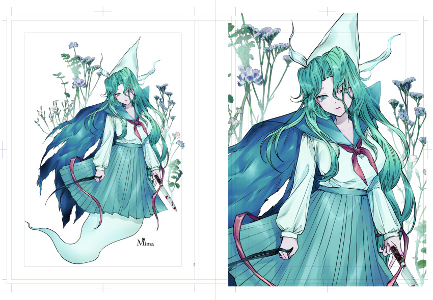 1girl, blood, blood_on_knife, blue_sailor_collar, blue_skirt, bow, closed_mouth, expressionless, eyes_visible_through_hair, flower, ghost_tail, gin_fragrans, green_eyes, green_hair, hair_between_eyes, hat, highly_responsive_to_prayers, highres, knife, long_hair, long_sleeves, looking_at_viewer, mima_(touhou), neckerchief, pleated_skirt, portrait, repetition, ribbon, sailor_collar, school_uniform, serafuku, shirt, skirt, solo, touhou, touhou_(pc-98), white_headwear, white_shirt
