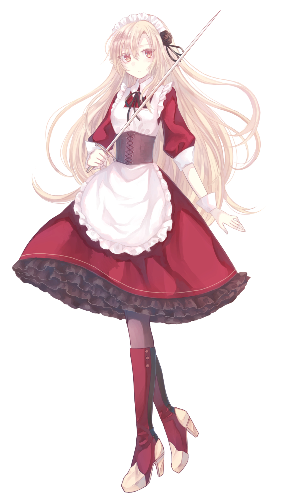 1girl, adapted_costume, apron, black_flower, black_ribbon, black_rose, blonde_hair, boots