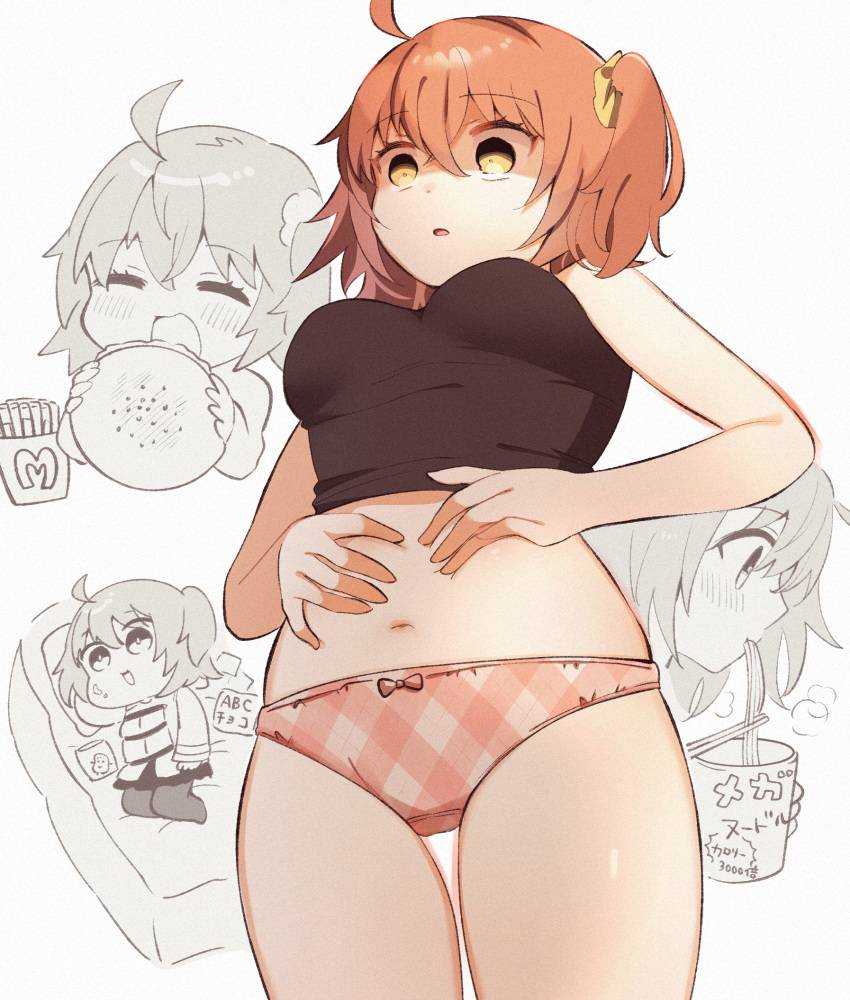 1girl, ahoge, bag_of_chips, belly, belly_grab, burger, chaldea_uniform, chibi