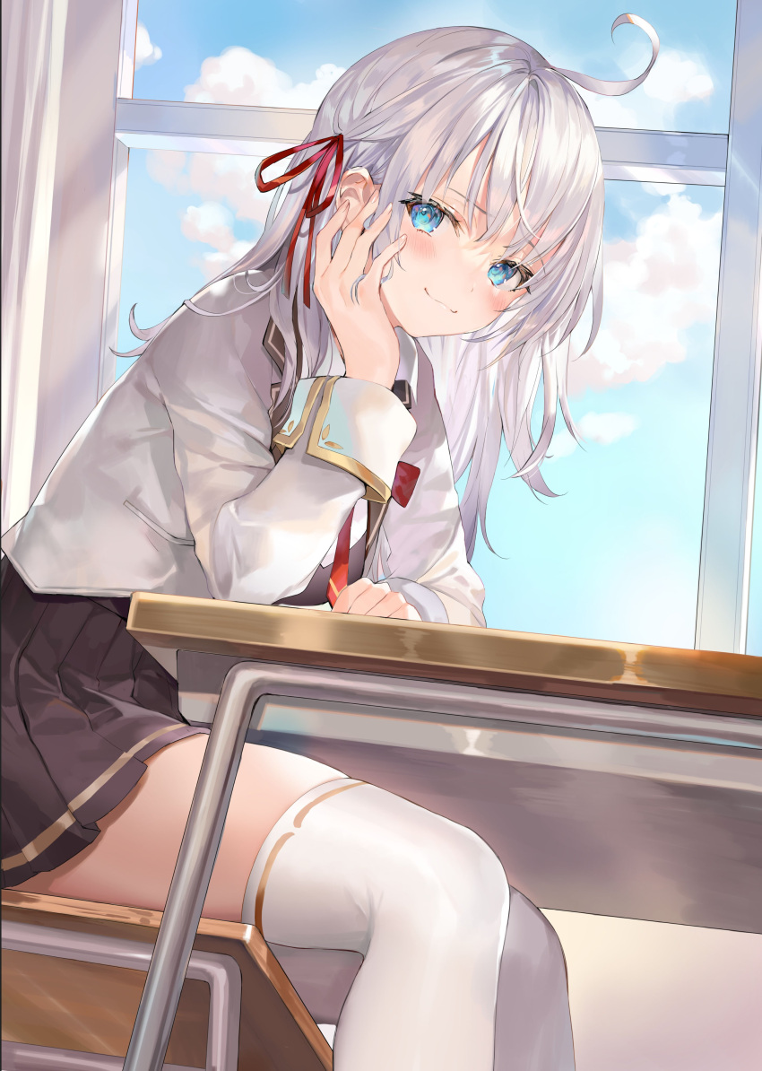 1girl, absurdres, ahoge, bow, bowtie, brown_skirt, chair, closed_mouth