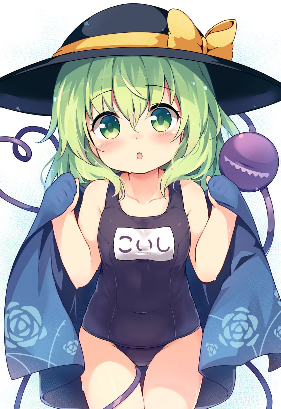 1girl, :o, alternate_costume, baku-p, bare_shoulders, black_headwear, blue_swimsuit, bow