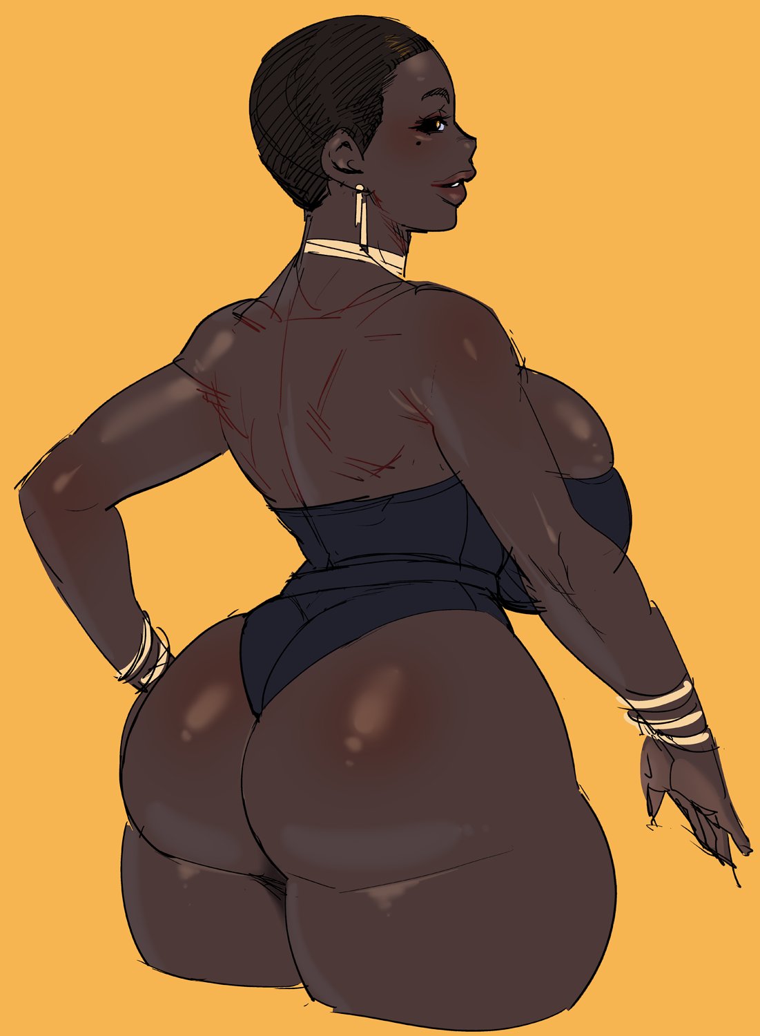1girl, backless_leotard, black_leotard, borrowed_character, bracelet, breasts, brown_eyes, buzz_cut, dark-skinned_female, dark_skin, from_behind, hand_on_hip, highres, huge_breasts, jewelry, leotard, mole, mole_under_eye, open_hand, orange_background, original, parted_lips, short_hair, sketch, solo, synecdoche, very_short_hair