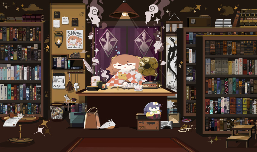 1girl, :d, absurdres, apron, bag, bell, blush, book, bookmark, bookshelf, bookstore, box, brush, bucket, calendar_(object), calligraphy_brush, carpet, cat, ceiling_light, character_doll, character_name, checkered_clothes, checkered_kimono, closed_eyes, clothes_rack, clothes_writing, cup, desk, fire, flame, forbidden_scrollery, futatsuiwa_mamizou, futatsuiwa_mamizou_(tanuki), gloves, hair_bell, hair_ornament, handbag, hieda_no_akyuu, highres, indoors, ink, ink_stamp, japanese_clothes, kimono, ladder, lantern, minecraft, motoori_kosuzu, note, open_book, open_mouth, orange_hair, paintbrush, paper_stack, pen, phonograph, poster_(object), pot, quill, saucer, scroll, shop, signature, sleep_bubble, slug, smile, sparkle, steam, stepladder, table, teacup, thatpebble, touhou, trash, trash_can, tsukumogami, twintails, vase, wax_seal, white_gloves, yellow_apron