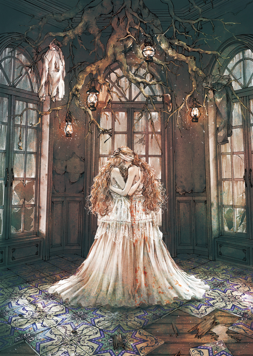 2girls, bare_shoulders, blindfold, blonde_hair, blood, blood_on_clothes, blood_stain, broken_window