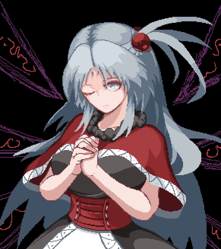 1girl, bangs, black_background, capelet, closed_mouth, grey_eyes, grey_hair, long_hair