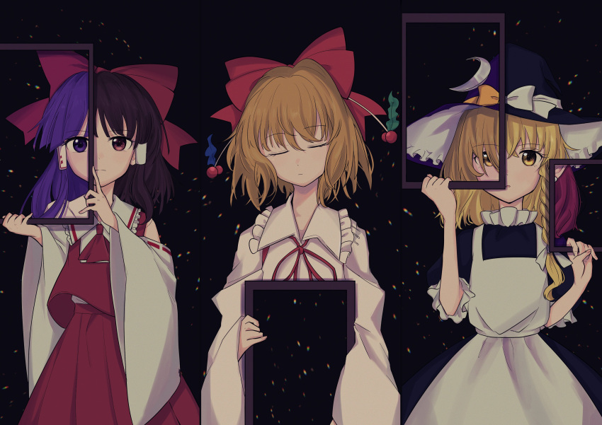 3girls, :o, absurdres, apron, ascot, bangs, black_background, black_dress