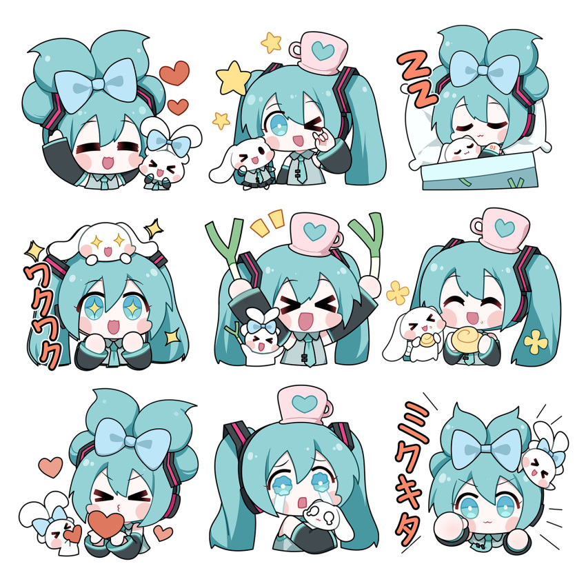 >_<, 1girl, :3, =_=, aqua_eyes, aqua_hair, aqua_necktie, arm_up