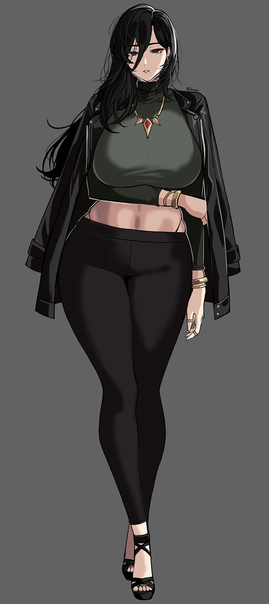 1girl, bangle, black_hair, black_jacket, black_pants, bracelet, breast_hold, breasts