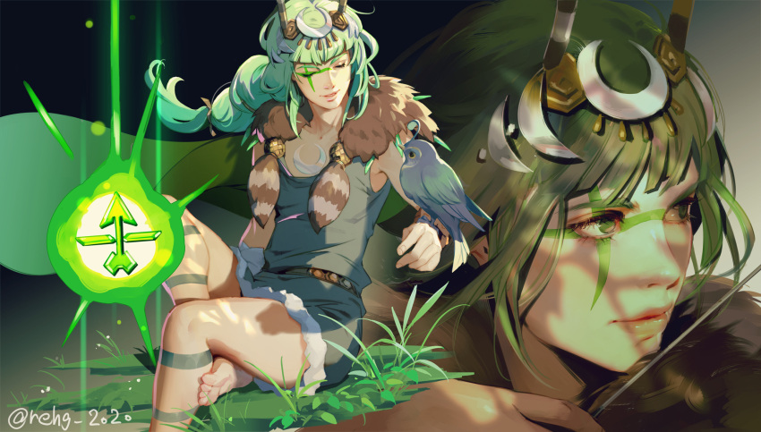 1girl, animal_on_arm, artemis_(hades), bangs, barefoot, belt, bird, bird_on_arm