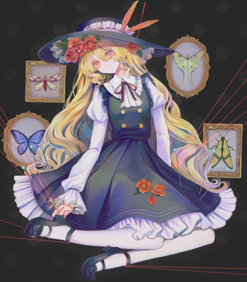 1girl, black_bow, black_footwear, black_headwear, black_vest, blonde_hair, blue_butterfly, bow
