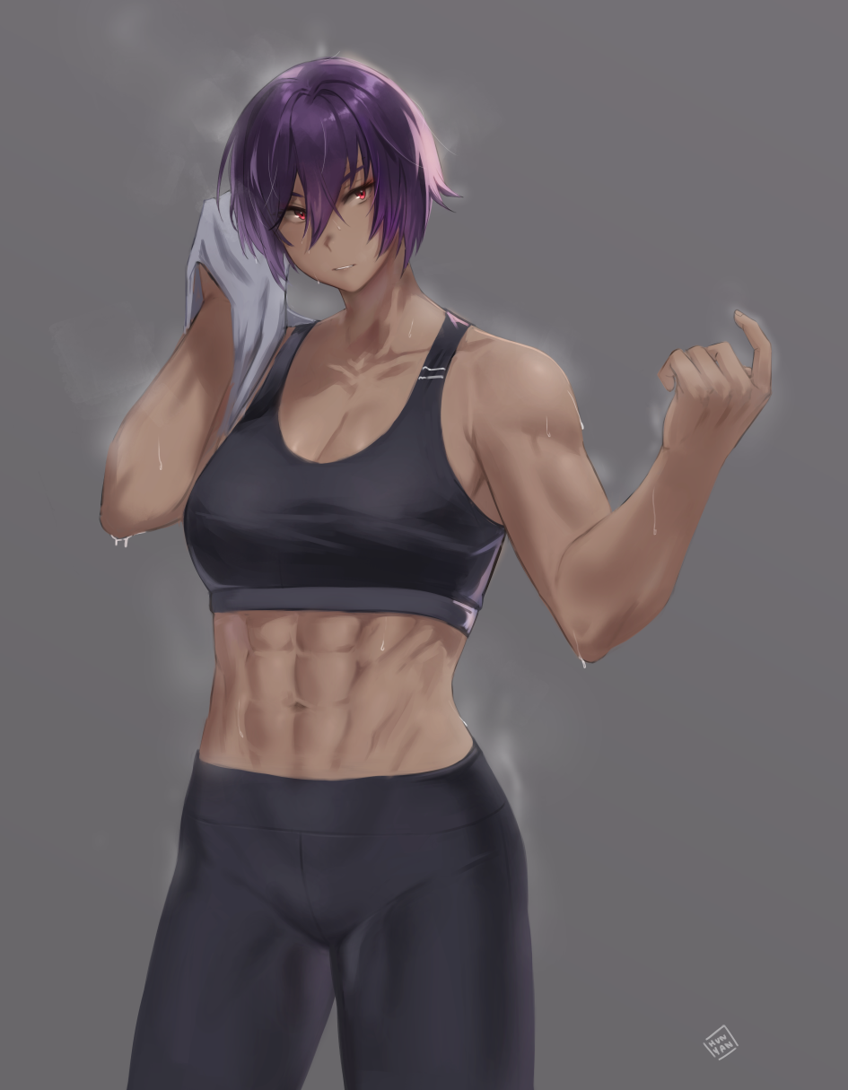 1girl, abs, breasts, collarbone, dark-skinned_female, dark_skin, dated_commentary, grey_background
