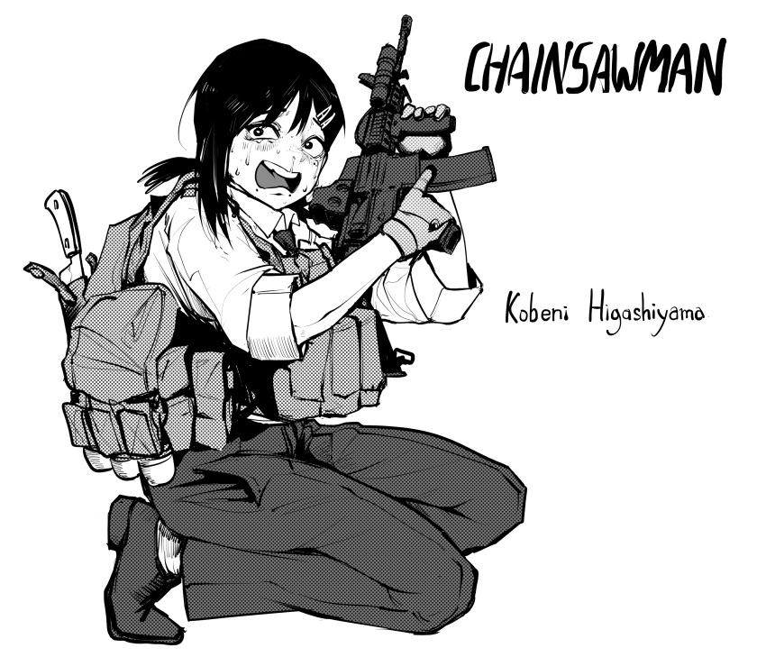 1girl, 40mm_grenade, absurdres, ar-15, assault_rifle, black_hair, bulletproof_vest, chainsaw_man