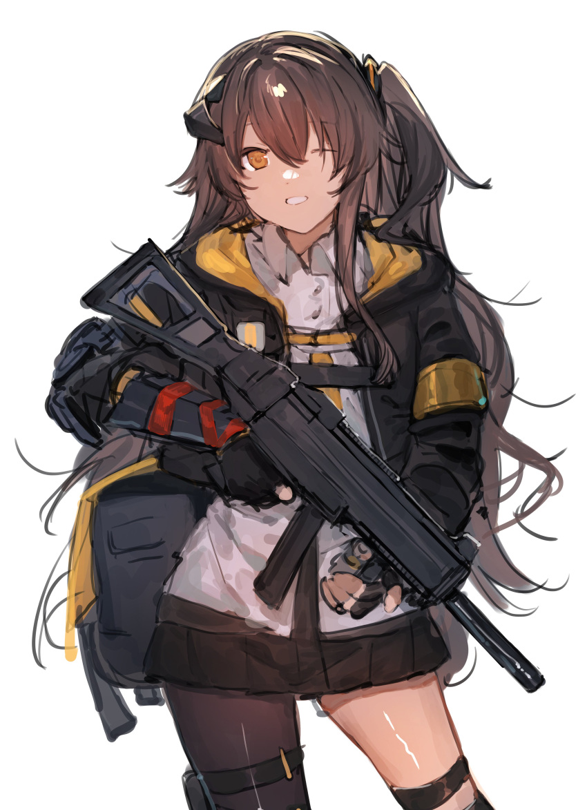 1girl, absurdres, armband, asymmetrical_legwear, backpack, bag, bangs, bare_legs