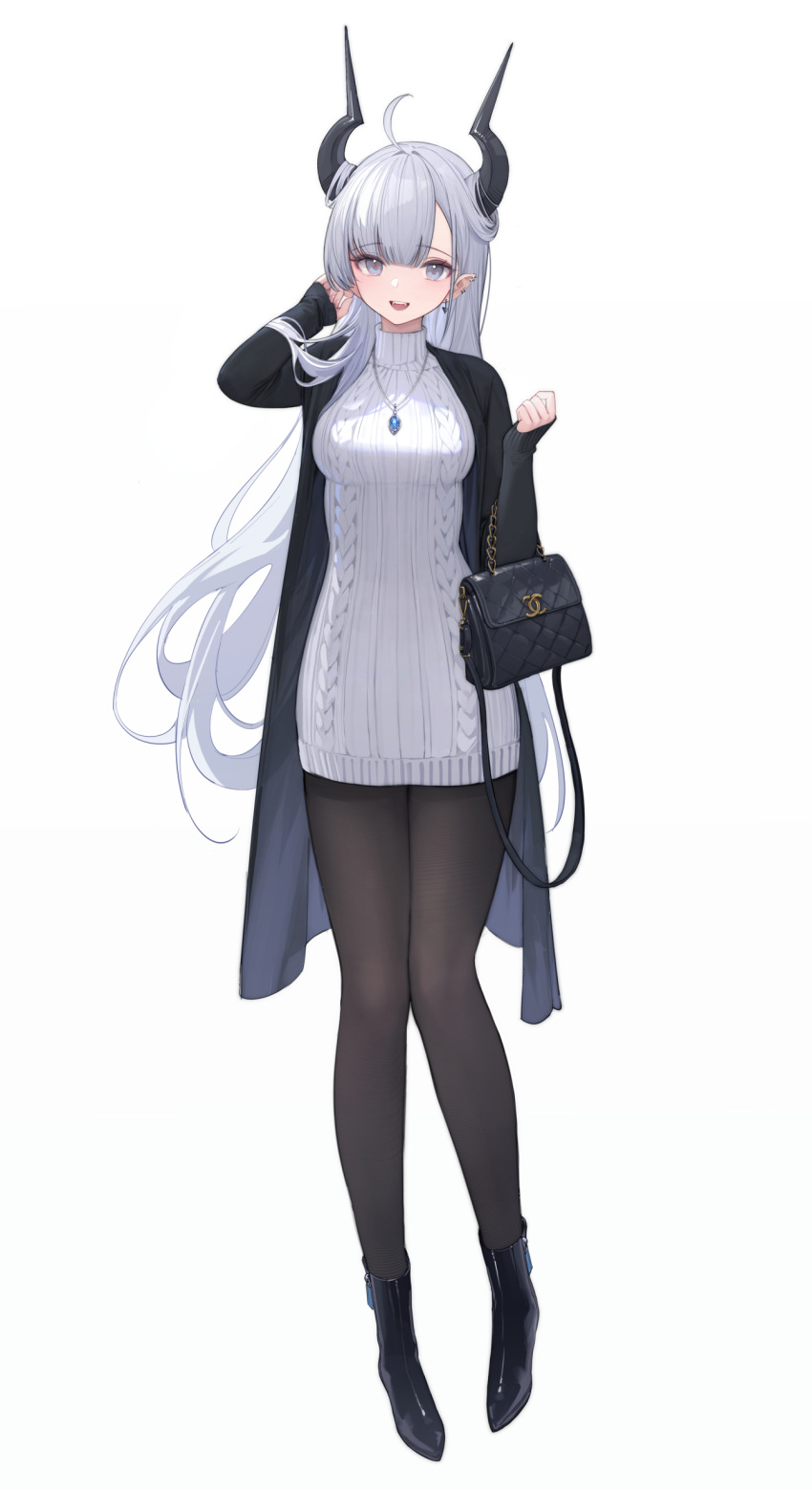 1girl, :d, absurdres, ahoge, arm_up, bag, black_bag, black_coat