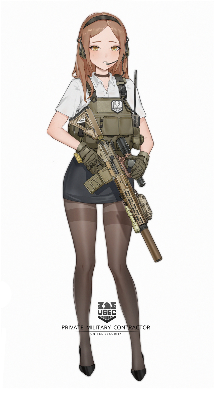 1girl, absurdres, ammunition_pouch, assault_rifle, black_hairband, black_pantyhose, black_skirt, brown_choker