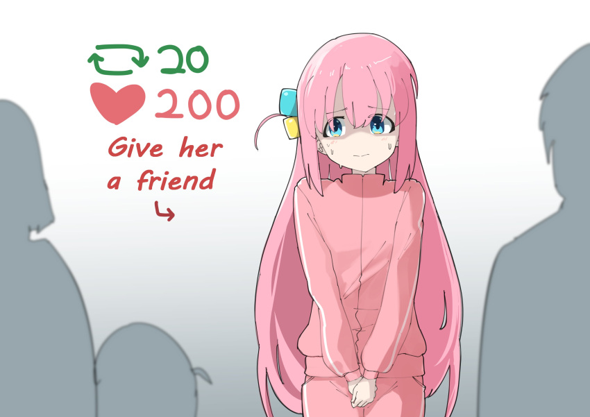 1girl, absurdres, arrow_(symbol), bangs, blue_eyes, blush, bocchi_the_rock!, closed_mouth, cube_hair_ornament, english_text, feeq, gotou_hitori, hair_ornament, highres, jacket, like_and_retweet, long_hair, long_sleeves, looking_at_viewer, meme, one_side_up, own_hands_together, pants, people, pink_hair, pink_jacket, pink_pants, shiny, shiny_hair, solo_focus, sweat, track_jacket, twitter_strip_game_(meme)