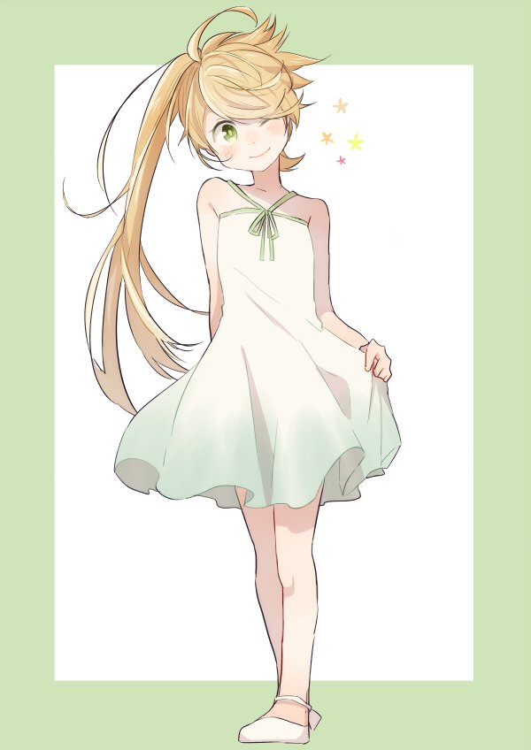 1girl, ;), bangs, bare_arms, blonde_hair, blush, border, closed_mouth