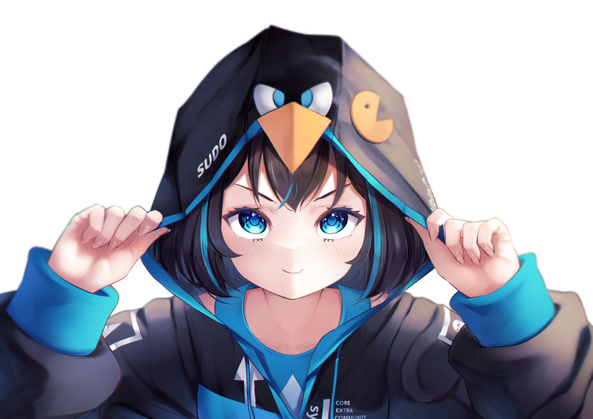 1girl, absurdres, arch_linux, bangs, bird, black_hair, black_hoodie, blue_eyes, blue_shirt, highres, hood, hoodie, krita_(medium), linux, long_sleeves, looking_at_viewer, looking_up, os-tan, pac-man, pac-man_(game), penguin, personification, raviolimavioli, shirt, simple_background, smile, solo, sweater, upper_body, v-shaped_eyebrows, white_background
