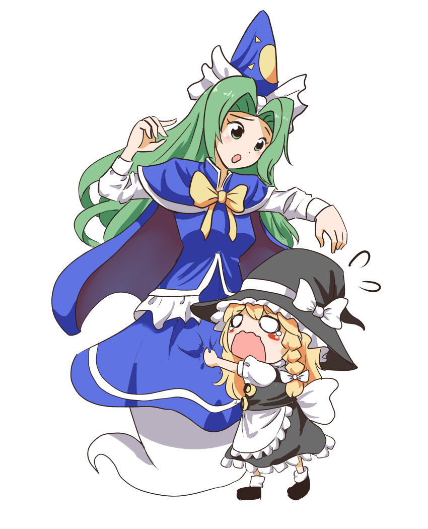 2girls, apron, black_headwear, blonde_hair, blue_cape, blue_capelet, blue_dress, blue_headwear