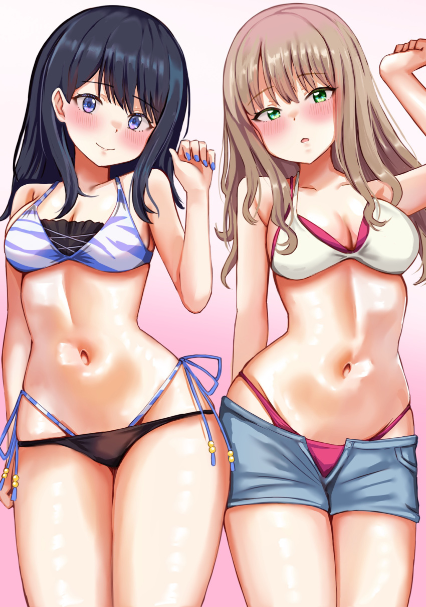 2girls, bikini, bikini_under_clothes, bikini_under_shorts, blush, breasts, denim, denim_shorts