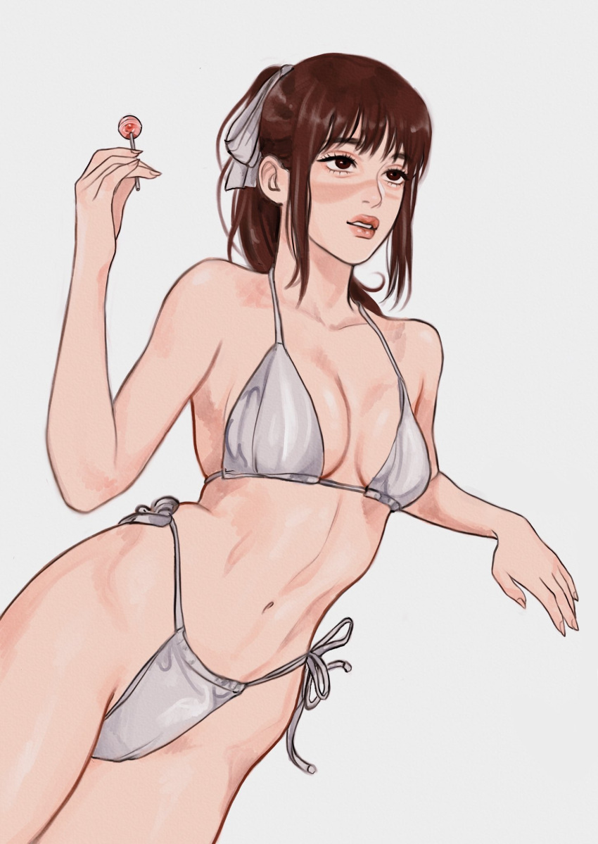 1girl, abs, arm_rest, bikini, black_eyes, breasts, brown_eyes, brown_hair