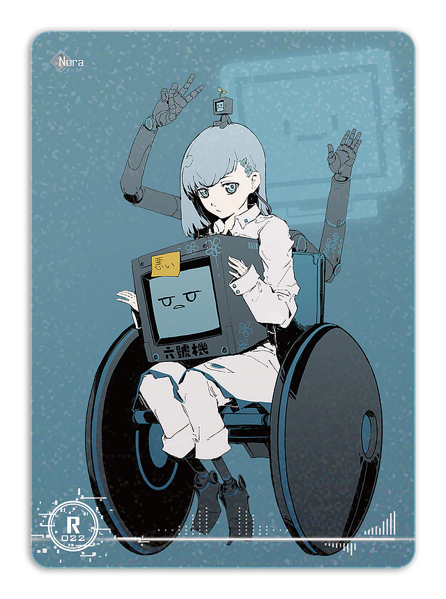 1girl, artificial_legs, artist_request, blue_background, blue_eyes, blue_hair, blue_theme, bob_cut, bright_pupils, cable, character_name, chinese_text, crt, cytus_ii, english_text, expressionless, frown, full_body, game_cg, hair_ornament, hairclip, holding, jitome, looking_at_viewer, looking_to_the_side, mechanical_arms, monitor, nora_(cytus), object_on_head, official_art, pajamas, prosthesis, prosthetic_leg, robo_head_(cytus), robot, short_hair, sitting, solo, sticky_note, technology, third-party_source, trading_card, translated, transparent_background, v, wheelchair, white_pajamas, white_pupils