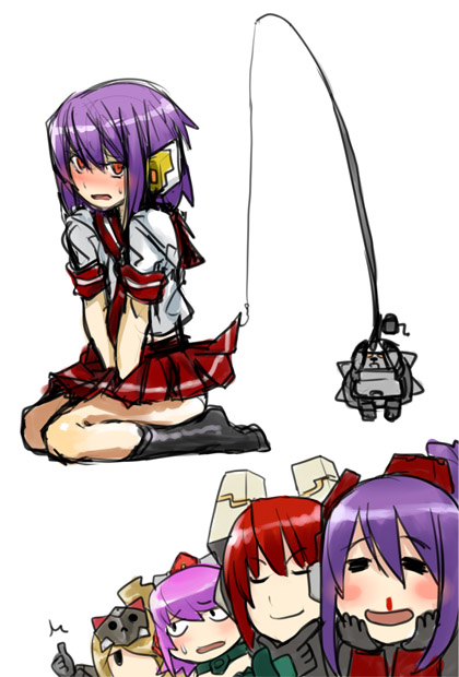 =_=, blonde_hair, blood, blush, cosmic_break, crossdressinging, fishing_rod, holding