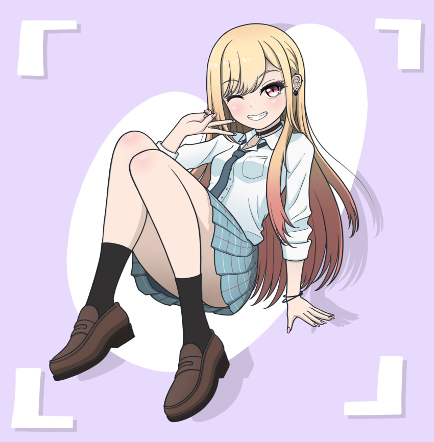 1girl, absurdres, aqua_skirt, black_necktie, black_socks, blonde_hair, bracelet, brown_footwear