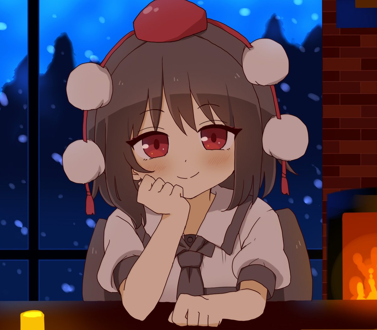 1girl, black_hair, blush, closed_mouth, collared_shirt, hat, looking_at_viewer, pom_pom_(clothes)