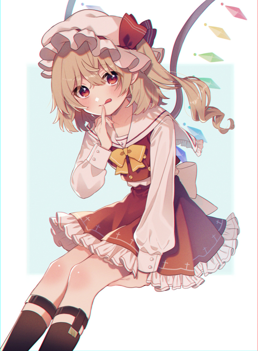 1girl, adapted_costume, black_socks, blonde_hair, crystal, feet_out_of_frame, flandre_scarlet, frilled_skirt, frills, hair_between_eyes, hat, highres, kneehighs, long_hair, long_sleeves, looking_at_viewer, mob_cap, one_side_up, red_eyes, red_skirt, red_vest, skirt, socks, solo, tongue, tongue_out, touhou, touya_(konpekitou), vest, white_headwear, wings
