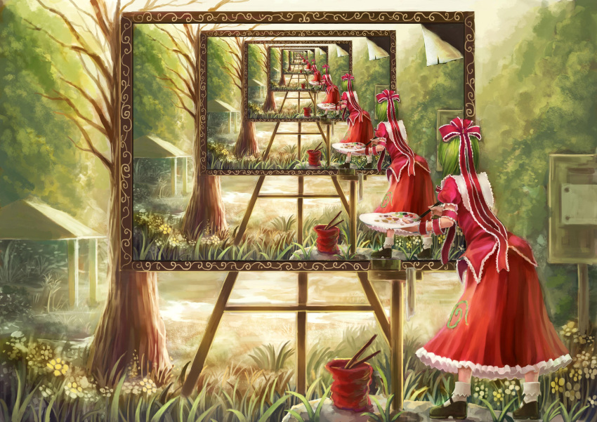 green_hair, hair_ribbon, highres, kagiyama_hina, oto_taku, painting, photoshop, recursion