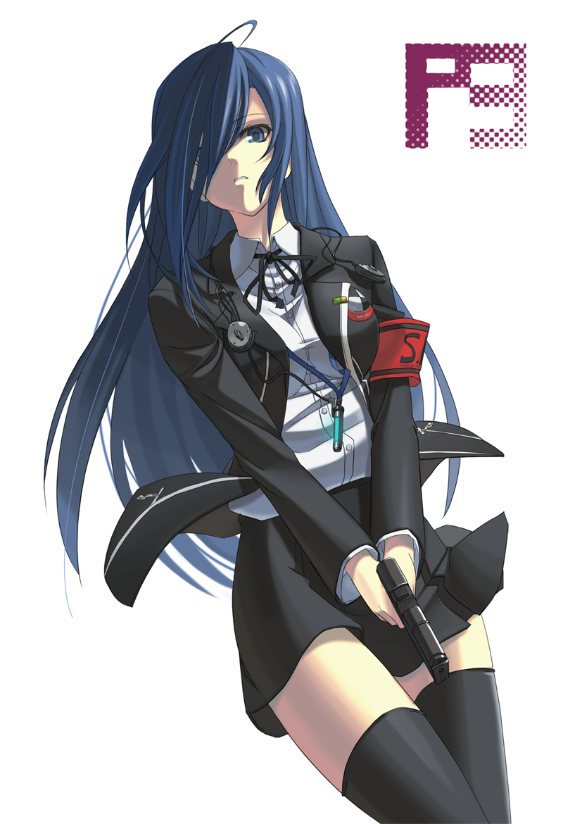 arisato_minato, armband, black_legwear, black_thighhighs, blue_eyes, blue_hair, breasts, evoker, genderswap, gun, hair_over_one_eye, headphones, large_breasts, long_hair, maou, persona, persona_3, solo, thigh-highs, thighhighs, very_long_hair, weapon, zettai_ryouiki