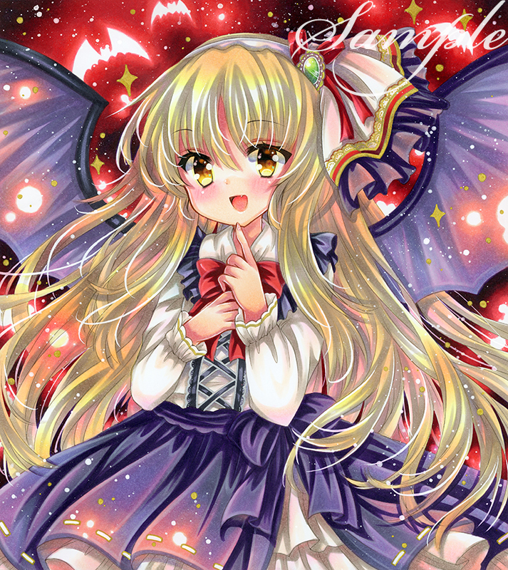 1girl, :d, bat_(animal), bat_wings, blonde_hair, blush, bow, bowtie, brooch, cowboy_shot, cross-laced_clothes, cross-laced_top, embellished_costume, finger_to_mouth, frills, hairband, index_finger_raised, jewelry, kurumi_(touhou), long_hair, long_sleeves, looking_at_viewer, marker_(medium), open_mouth, own_hands_together, purple_skirt, red_bow, red_bowtie, rui_(sugar3), sample_watermark, shirt, skirt, smile, solo, spread_wings, touhou, touhou_(pc-98), traditional_media, very_long_hair, watermark, white_shirt, wings, yellow_eyes