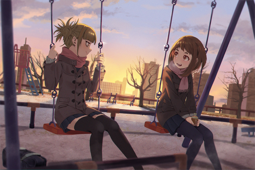 2girls, bench, black_pantyhose, black_thighhighs, blonde_hair, blue_skirt, blunt_bangs, boku_no_hero_academia