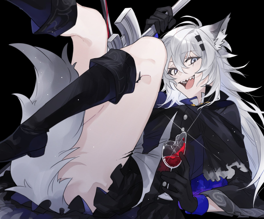 1girl, alcohol, animal_ear_fluff, animal_ears, antenna_hair, arknights, arm_up, black_background, black_capelet, black_dress, black_footwear, black_gloves, black_jacket, blood, blood_on_weapon, blue_capelet, blue_gloves, boots, breasts, buttons, capelet, collared_capelet, collared_vest, commentary_request, crack, cracked_glass, crazy_smile, cup, dress, drinking_glass, eyelashes, from_side, fur_trim, glass, glint, gloves, grey_eyes, grey_hair, hair_between_eyes, hair_ornament, hairclip, highres, holding, holding_cup, holding_sword, holding_weapon, invisible_floor, jacket, knee_boots, knees_up, lappland_(arknights), lappland_(refined_horrormare)_(arknights), layered_sleeves, legs_up, light_particles, long_hair, long_sleeves, looking_at_viewer, lying, medium_breasts, messy_hair, multicolored_capelet, multicolored_clothes, multicolored_gloves, official_alternate_costume, on_back, open_clothes, open_jacket, open_mouth, oripathy_lesion_(arknights), pale_skin, pleated_dress, scar, scar_across_eye, scar_on_face, shade, sharp_teeth, short_dress, short_over_long_sleeves, short_sleeved_jacket, short_sleeves, simple_background, smile, solo, sword, tail, tail_raised, teeth, thighs, tongue, torn, torn_clothes, torn_dress, torn_jacket, two-tone_capelet, two-tone_gloves, upper_teeth_only, vest, weapon, white_vest, wide_sleeves, wine, wine_glass, wolf_ears, wolf_girl, wolf_tail, yakota_(usuk-yako)