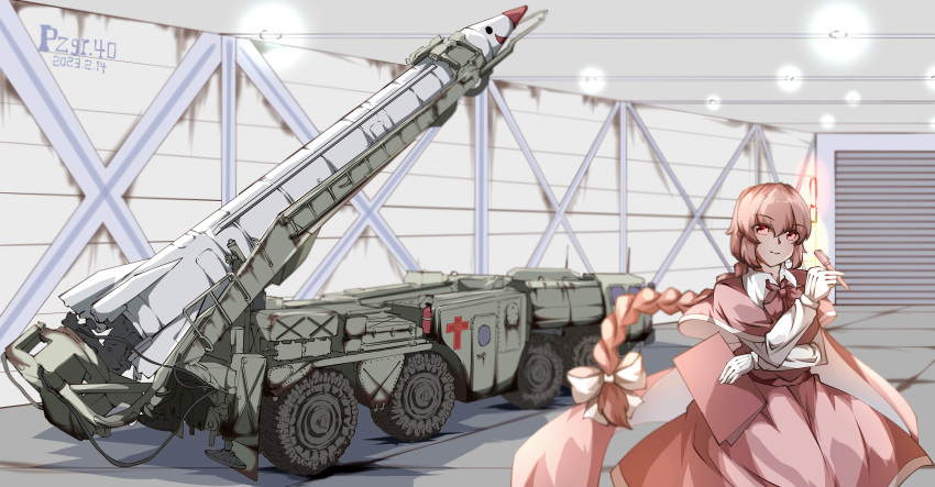 1girl, absurdres, anti-aircraft, anti-aircraft_missile, blurry, blurry_background, bow, braid