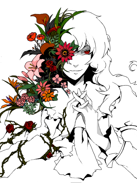 ann606, ascot, bird_of_paradise, calla_lily, carnation, colored_eyelashes, eyelashes, flower, flower_request, hands_clasped, kazami_yuuka, kazami_yuuka_(pc-98), lily_(flower), long_hair, monochrome, plant_girl, poppy_(flower), puffy_sleeves, red_eyes, red_rose, rose, smile, smirk, spot_color, tegaki, touhou, touhou_(pc-98), white_eyelashes