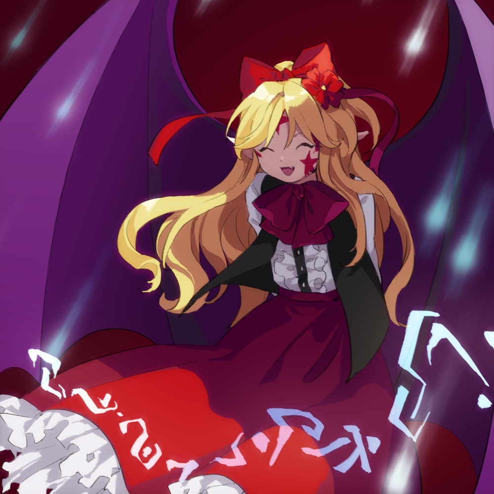1girl, arms_behind_back, bat_wings, black_vest, blonde_hair, center_frills, closed_eyes, commentary_request, elis_(touhou), facial_mark, facing_viewer, fang, flat_chest, flower, frills, hair_flower, hair_ornament, hair_ribbon, kaigen_1025, large_wings, long_hair, long_sleeves, neck_ribbon, open_clothes, open_mouth, open_vest, petticoat, pointy_ears, red_background, red_flower, red_ribbon, red_skirt, ribbon, shirt, simple_background, skirt, smile, solo, star_(symbol), star_facial_mark, touhou, touhou_(pc-98), vest, violet_eyes, white_shirt, wings