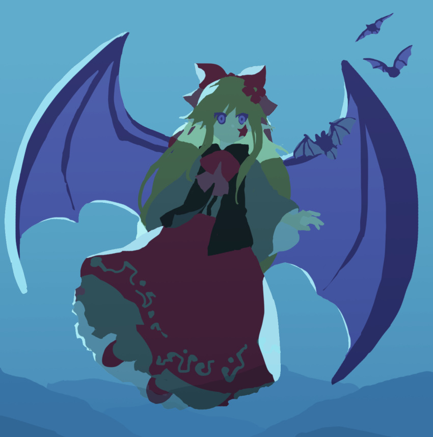 1girl, animal, bat_(animal), bat_wings, black_vest, blonde_hair, blue_background, commentary_request