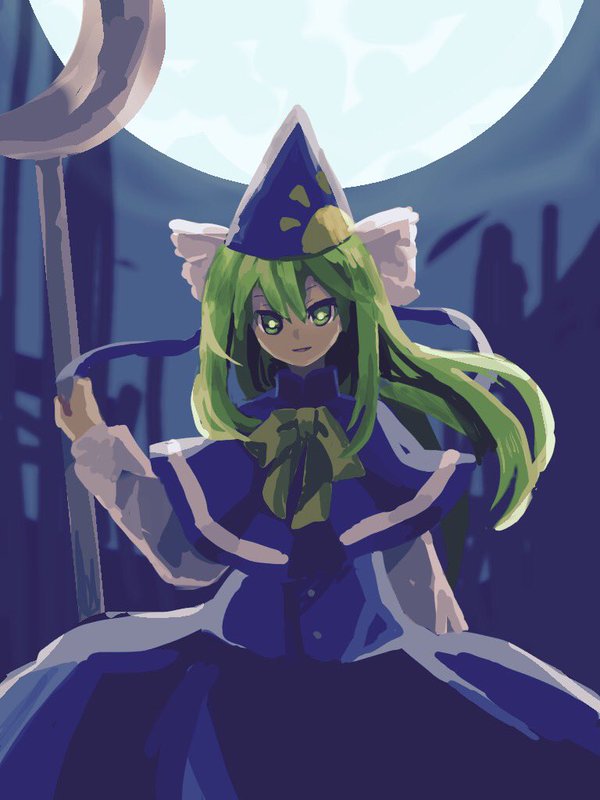 1girl, blue_capelet, blue_headwear, blue_skirt, blue_vest, bright_pupils, capelet, commentary_request, flat_chest, green_eyes, green_hair, green_pupils, holding, holding_scepter, kaigen_1025, long_hair, long_sleeves, looking_at_viewer, mima_(touhou), neck_ribbon, open_mouth, pointy_hat, ribbon, scepter, shirt, skirt, smile, solo, touhou, touhou_(pc-98), vest, white_shirt, yellow_ribbon