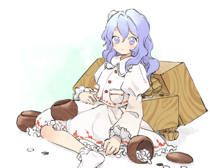 1girl, ankle_socks, blue_eyes, blue_hair, blush, board_game, closed_mouth, collared_shirt