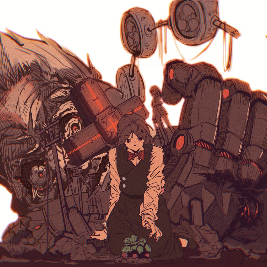 bow, chair, commentary_request, cross_hair_ornament, damaged, folding_chair, food, fruit, grey_hair, hair_ornament, hairclip, highres, joints, kitashirakawa_chiyuri, kneeling, limited_palette, mechanical_parts, mitsudomoe_(shape), okazaki_yumemi, outstretched_hand, reaching, red_bow, red_skirt, redhead, robot, robot_joints, sailor, shirt, skirt, strawberry, tomoe_(symbol), touhou, touhou_(pc-98), waistcoat, white_background, white_shirt, wreckage, zsefvgy