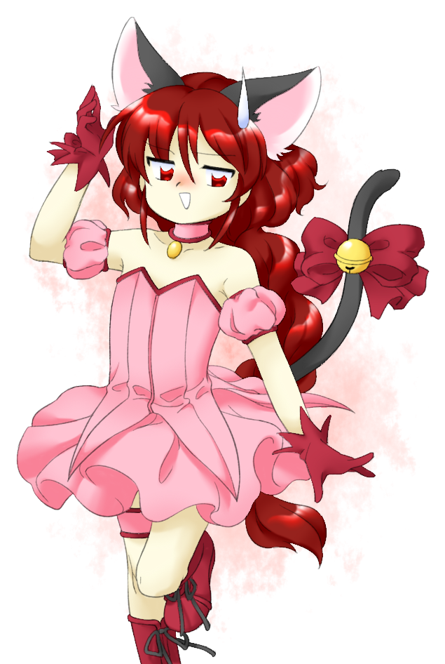 1girl, :d, animal_ears, bell, black_ribbon, black_tail, boots, bow