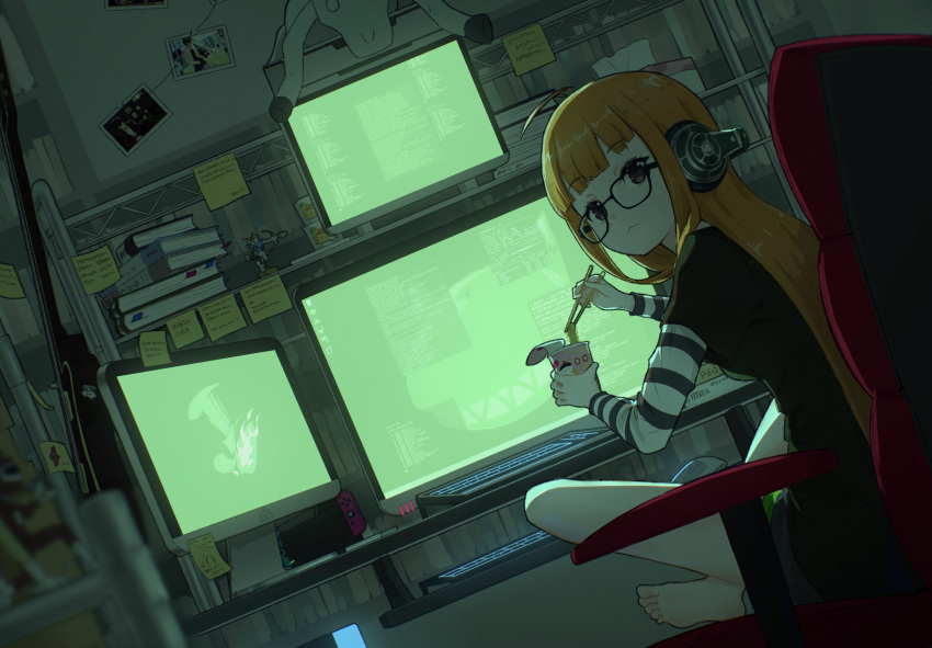 1girl, :3, absurdres, ahoge, amamiya_ren, amiibo, backlighting, barefoot