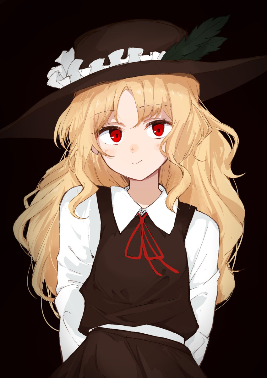1girl, arms_behind_back, blonde_hair, brown_background, brown_footwear, brown_headwear, brown_skirt, brown_vest