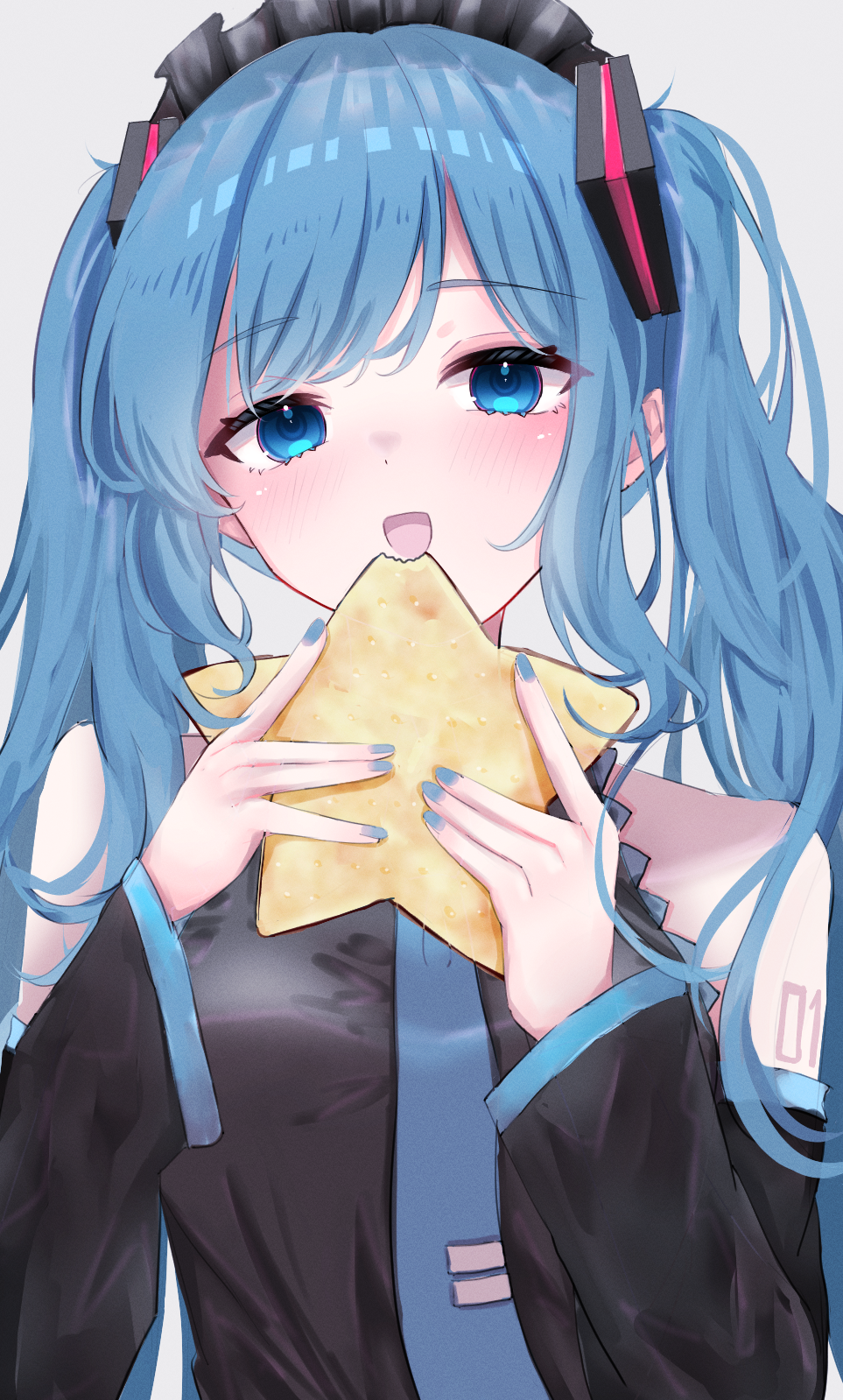 1girl, black_shirt, black_sleeves, blue_eyes, blue_hair, blue_nails, blue_necktie, blush, body_writing, cookie, dated_commentary, detached_sleeves, eating, food, h_raj_(pixiv_93311327), hairband, hatsune_miku, highres, holding, holding_food, lolita_hairband, necktie, shirt, smile, solo, star-shaped_food, star_(symbol), twintails, upper_body, vocaloid, white_background