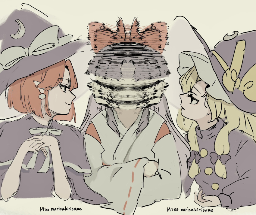 3girls, black_capelet, capelet, character_name, commentary_request, dual_persona, girl_sandwich, hakurei_reimu