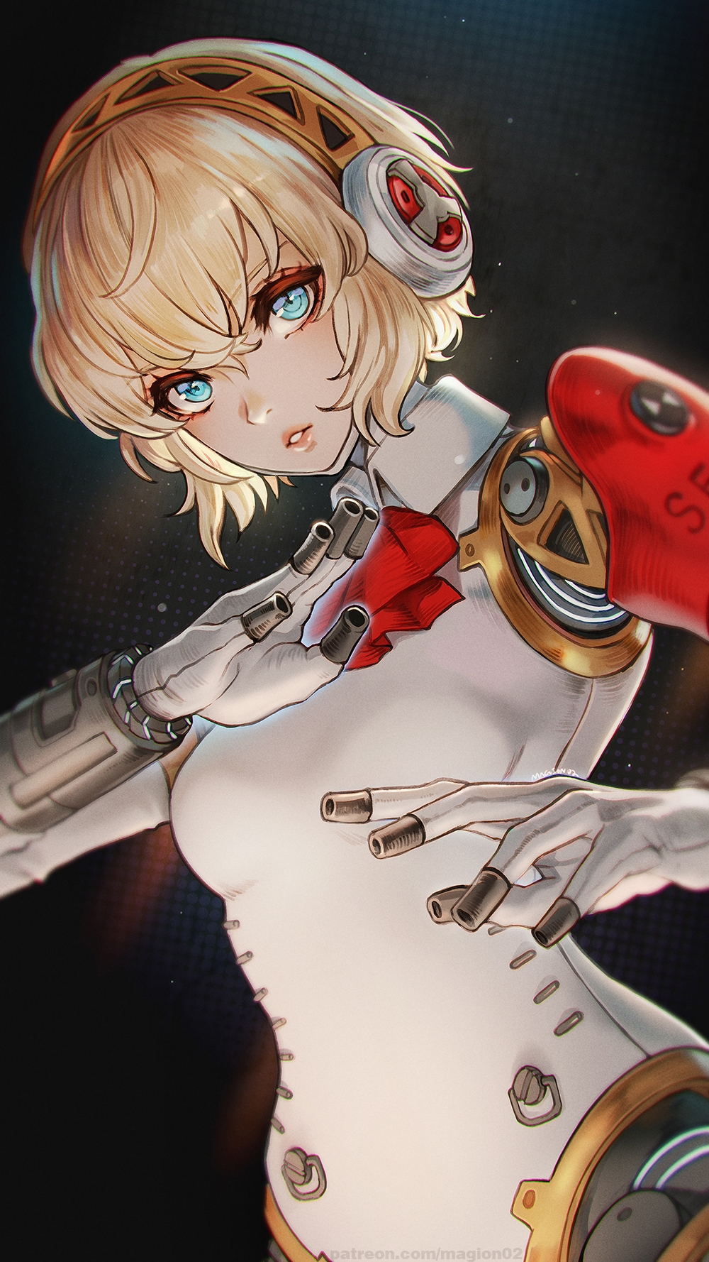 1girl, aegis_(persona), android, blonde_hair, blue_eyes, finger_cannon, hairband, headphones