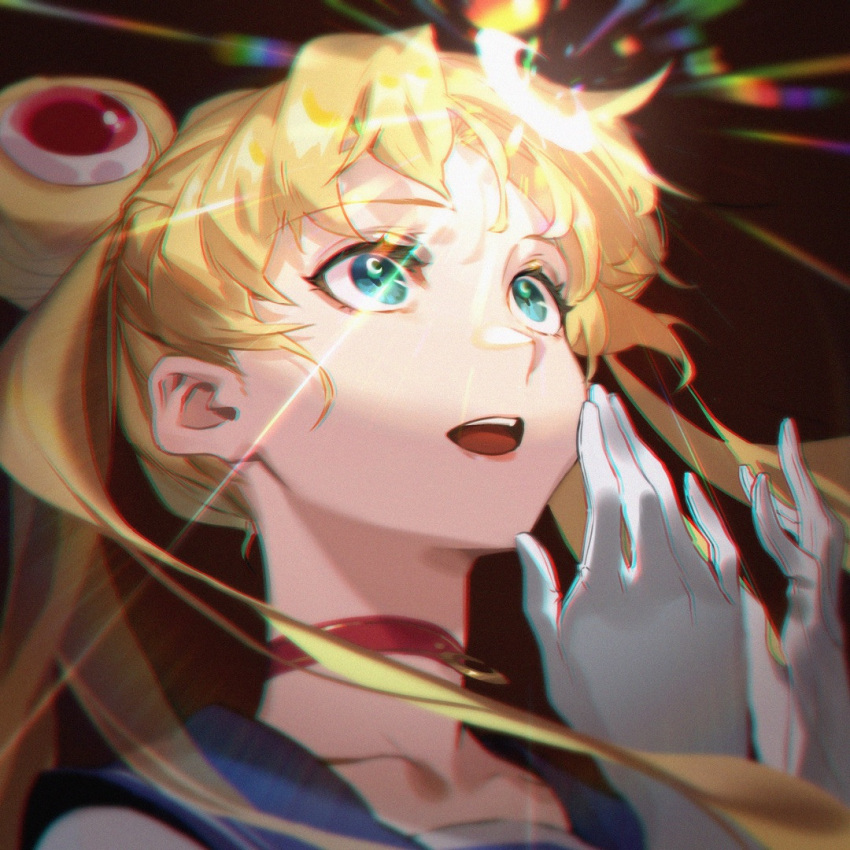 1girl, bare_shoulders, bishoujo_senshi_sailor_moon, blonde_hair, blue_eyes, brown_background, choker, collarbone
